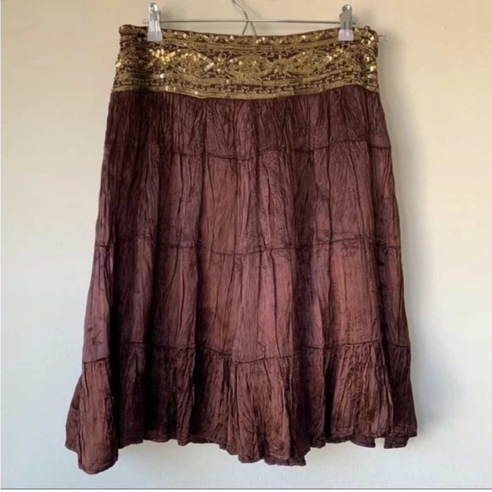 Cache Brown Wrinkle Skirt Embellished with Sequins Sz 6